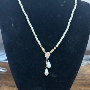 1928 Gold-Tone Pearl Necklace with Pink Rose Accent